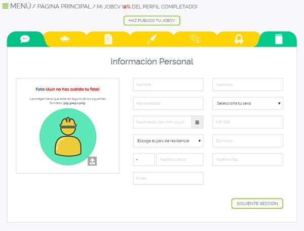 Información personal en su cuenta de Jobfie