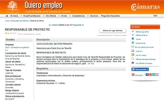 Detalles de la oferta de trabajo Quiero un trabajo