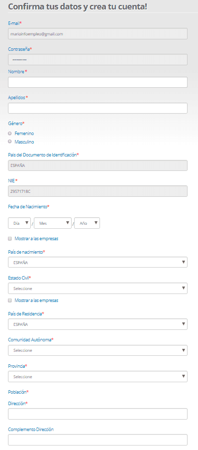 Complete todos los campos de su perfil en working.com