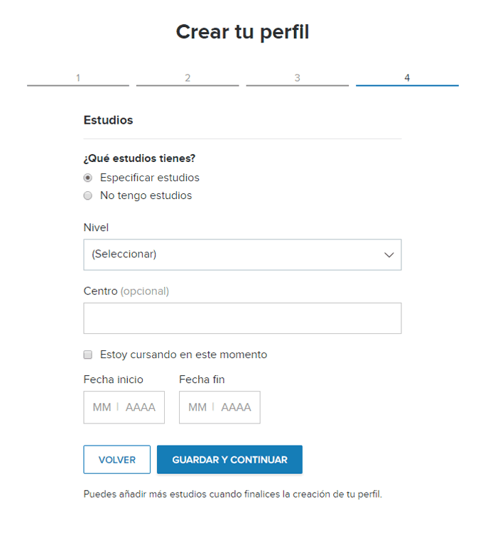 Agregue estudios al crear su perfil o cuenta en Infojobs