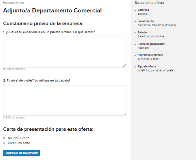 Cuestionario para acceder a una oferta de trabajo en Infojobs